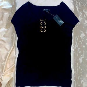 INC - black short sleeve top with gold accents